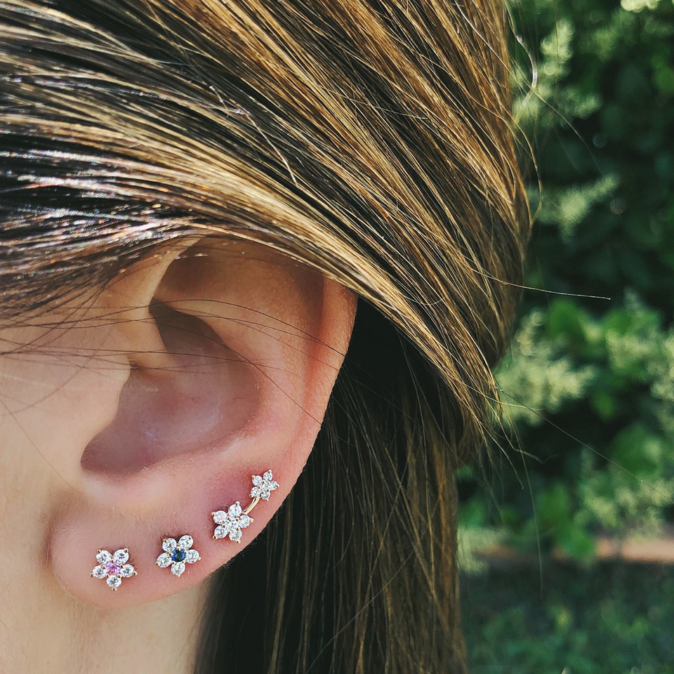 Single Diamond Double Flower Stud Earring Right Ear