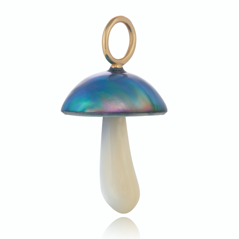 Maura Green Magic Mushroom Charm Hand Carved From Blue Mabe Pearl