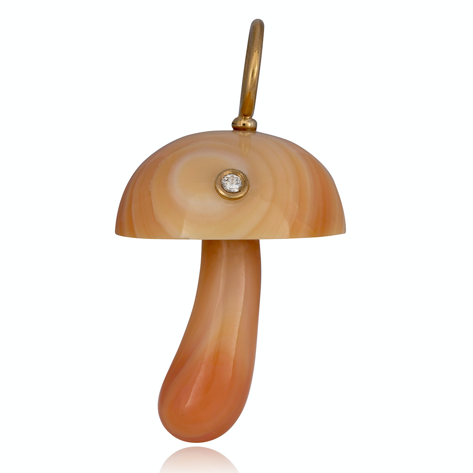 Maura Green Magic Mushroom Charm Hand Carved From Apricot Conch Shell With Diamond