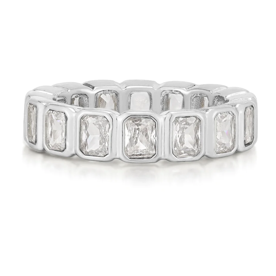 Luv AJ Bezel Emerald Ballier Ring-Clear-Silver-Size 7