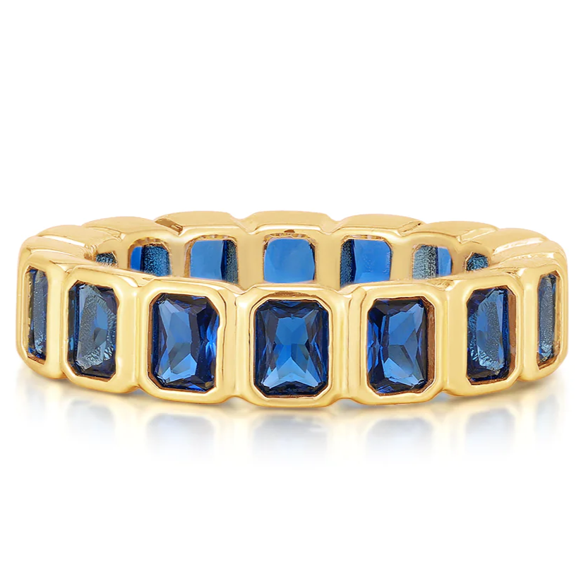 Luv AJ Bezel Emerald Ballier Ring-Blue Sapphire-Gold-Size 7