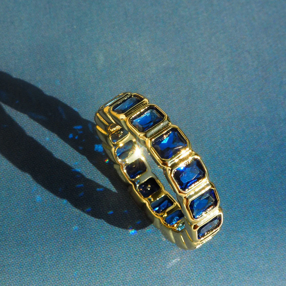 Luv AJ Bezel Emerald Ballier Ring-Blue Sapphire-Gold-Size 7